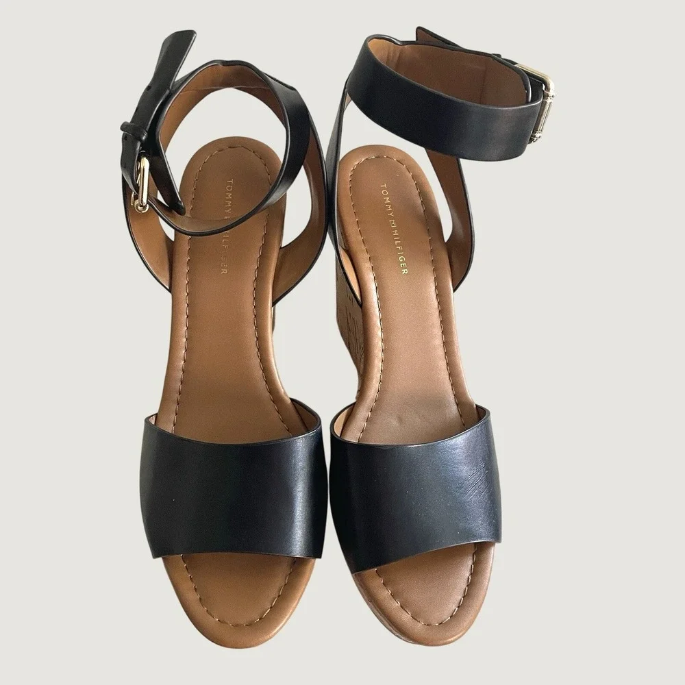 Tommy Hilfiger Womens Black Leather Cork Platform Wedge Sandals Size 10